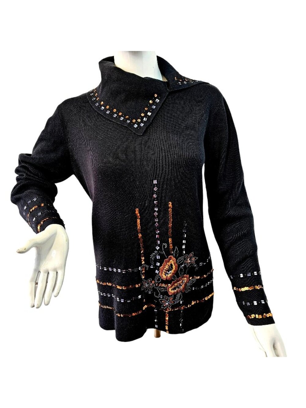 Y2K KIKIT Black Metallic Beaded Embroider Sweater Women M High Collar Cotton Kni
